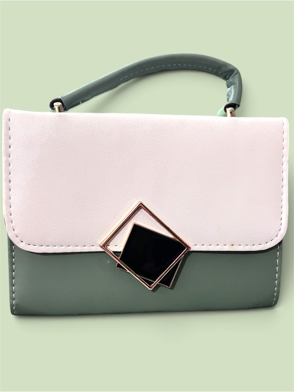 Two-Tone White and Sage Green Top-Handle Satchel with Geometric Accent